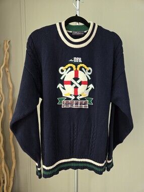 C.E.Hathaway Navy Crewneck Cable Knit Sweater with Nautical Crest Sz.L